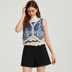 Heavy industry hook-embroidered denim vest vest for women in spring and autumn design sweet age-reducing vest layered jacket top