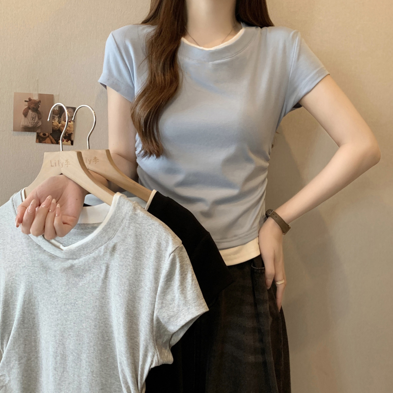 Real shot of round neck fake two-piece short-sleeved T-shirt for women in summer Korean style slim and slim short base top shirt
