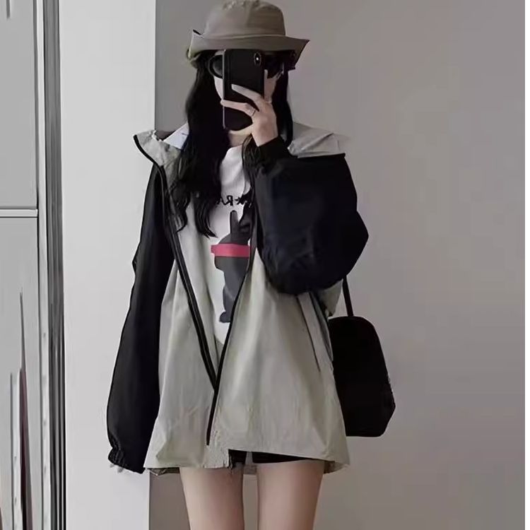 休閒百搭撞色運動外套女春秋2025新款小個子寬鬆通勤薄款翻領上衣