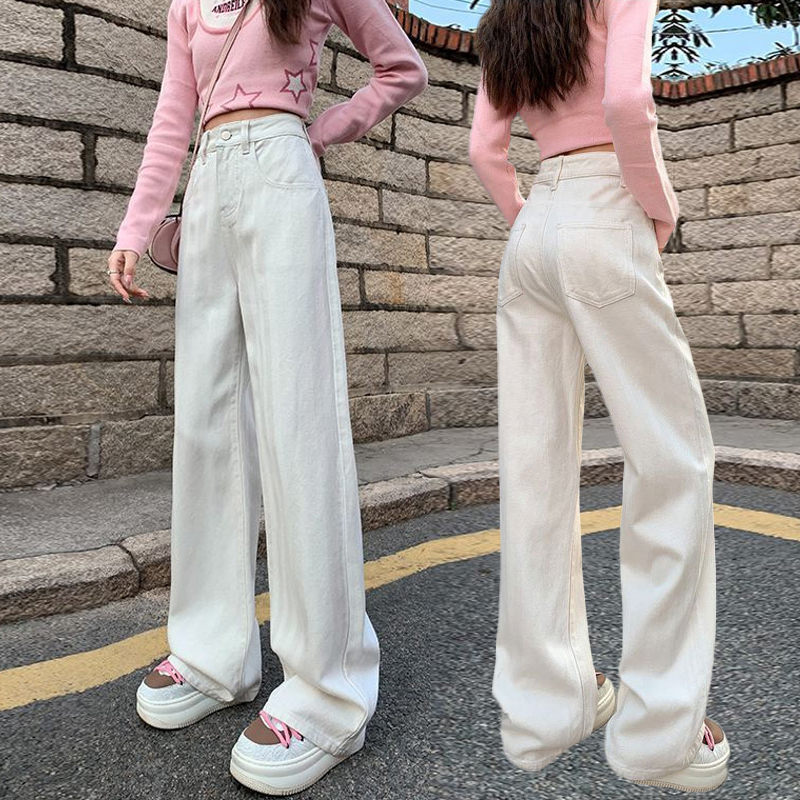 Off-white jeans for women's summer versatile Korean wide-leg pants high-waisted V-line splicing to make them look thinner and narrower straight pants