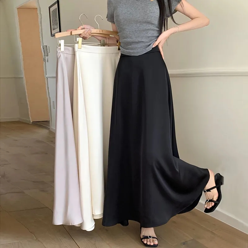 French acetic acid satin fishtail skirt for women in summer new high waist cover hips to make them look thin and drooping A-line long skirt