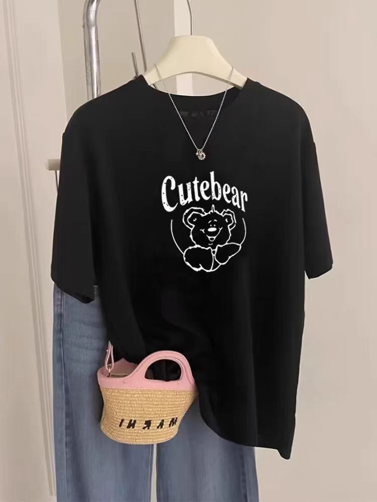 200g combed and tight-fitting sprinkler, pure cotton backpack, spring and summer loose shoulder printed short-sleeved T-shirt