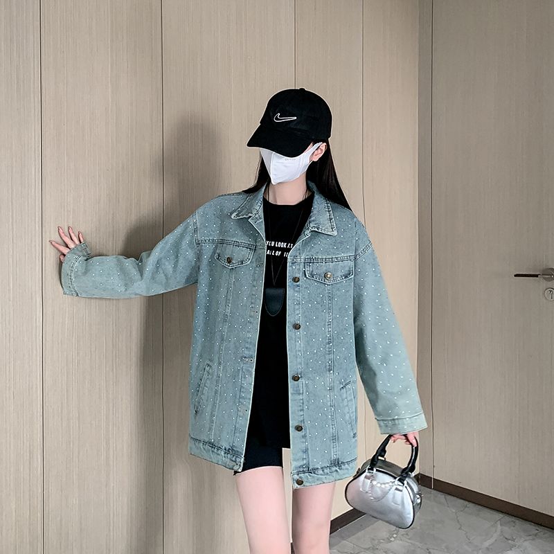Real shot~ Spring and Autumn New Lazy Style Denim Jacket Women's Loose Korean Style Denim Jacket with Diamond Denim Top