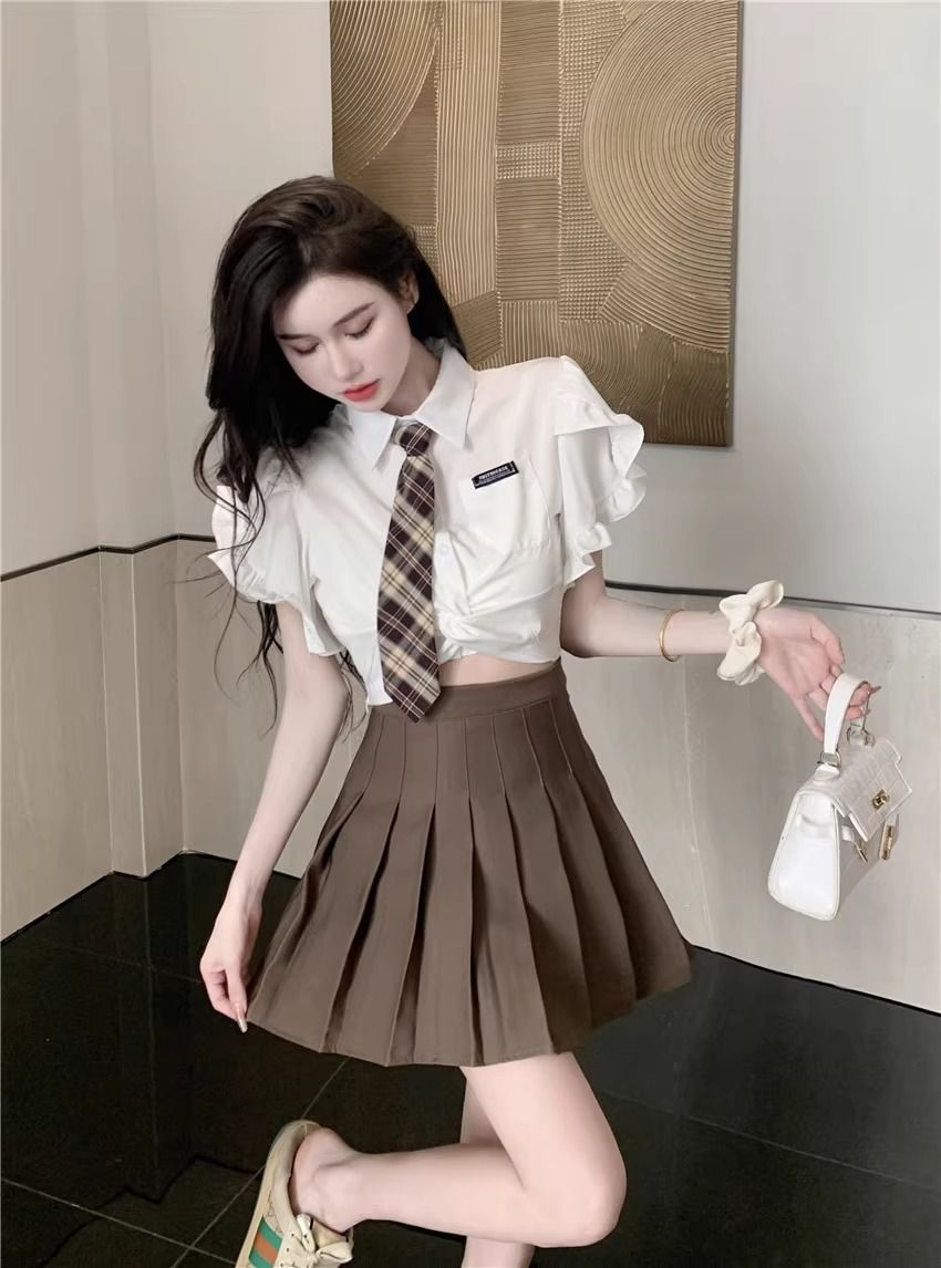 夏季jk甜美學院風制服上衣百褶短裙子辣妹高級感韓劇兩件套裝女裝
