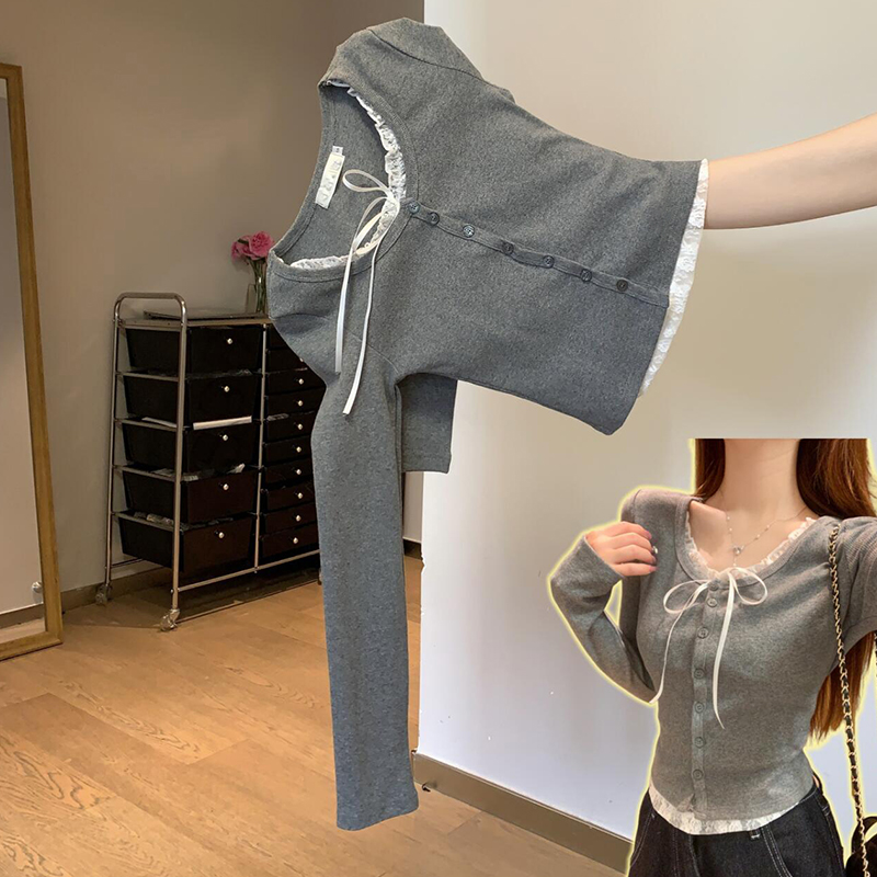 2025 new MiU series fake two-piece lace-edged gray sweater long-sleeved women's spring and autumn inner base top