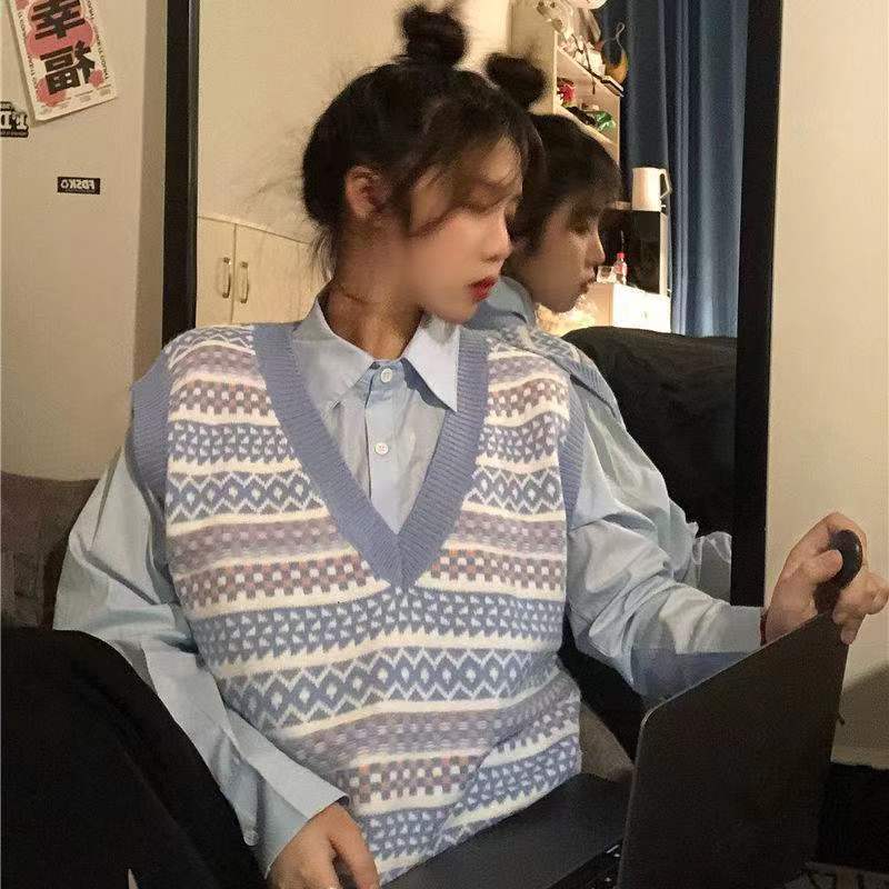 Pink vest jacket for spring and autumn layering Japanese versatile sweater college style v-neck knitted jk horse clip women