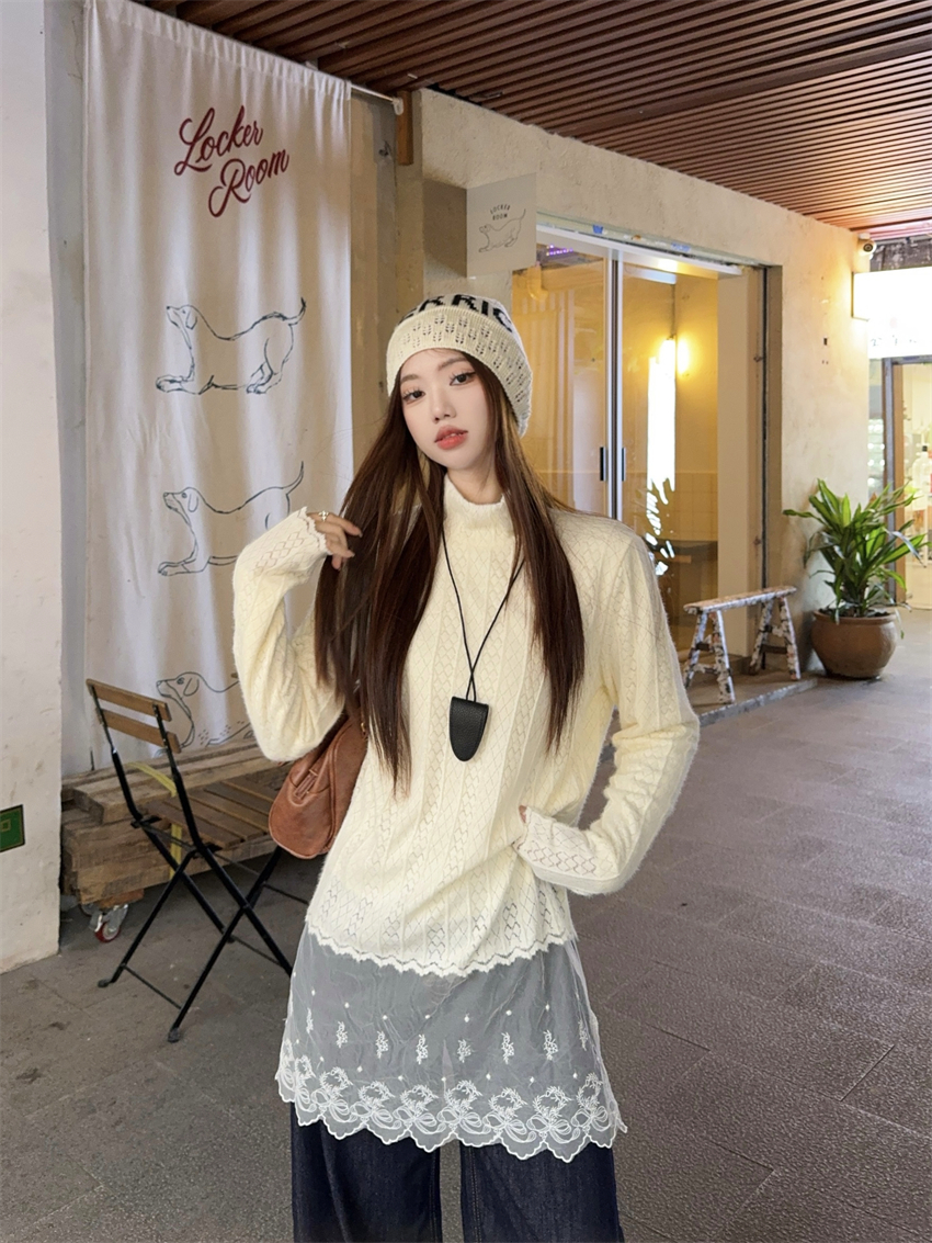 Real photo of new half-high neck white long-sleeved lace base shirt lace plus velvet thermal underwear for women 2025
