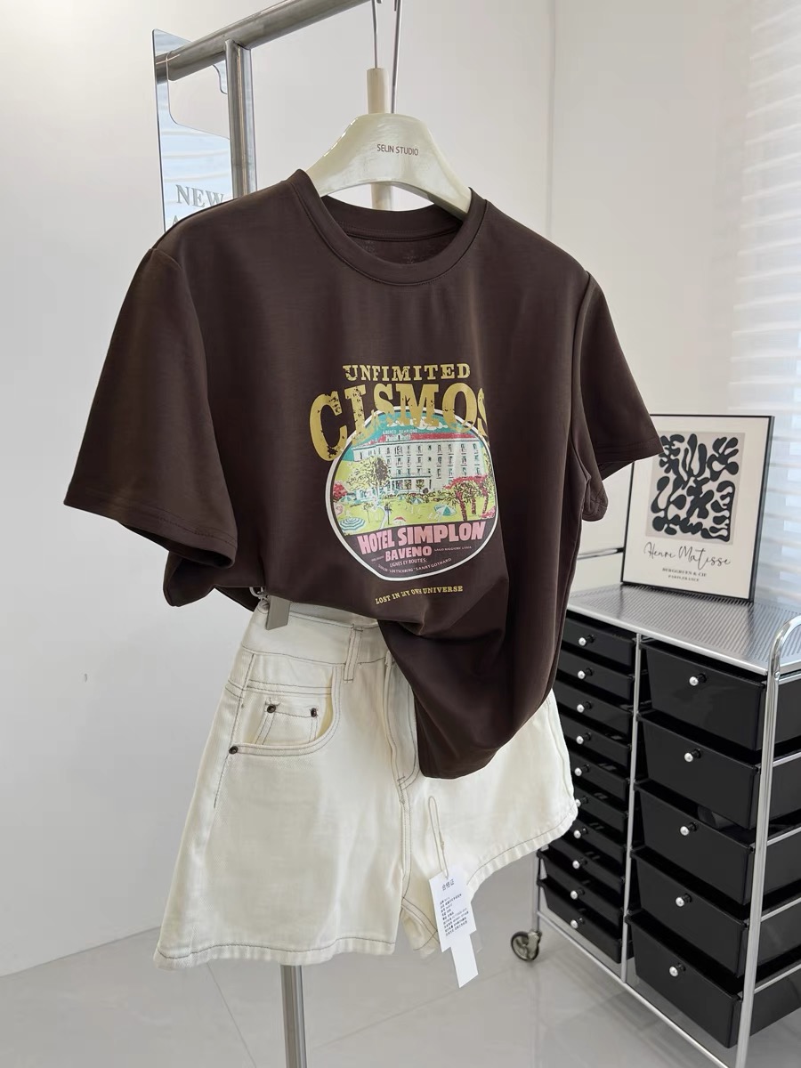 200g combed and tight-fitting sprinkler, pure cotton backpack, spring and summer loose shoulder printed short-sleeved T-shirt