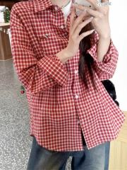 Dachshund puppy embroidered plaid shirt for women in spring and autumn 2025 new Korean lazy plaid jacket small top