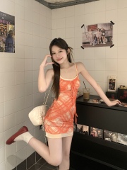 Real photo of red and yellow plaid suspender dress for women in spring and summer new fashionable high street retro sweet and spicy hip skirt