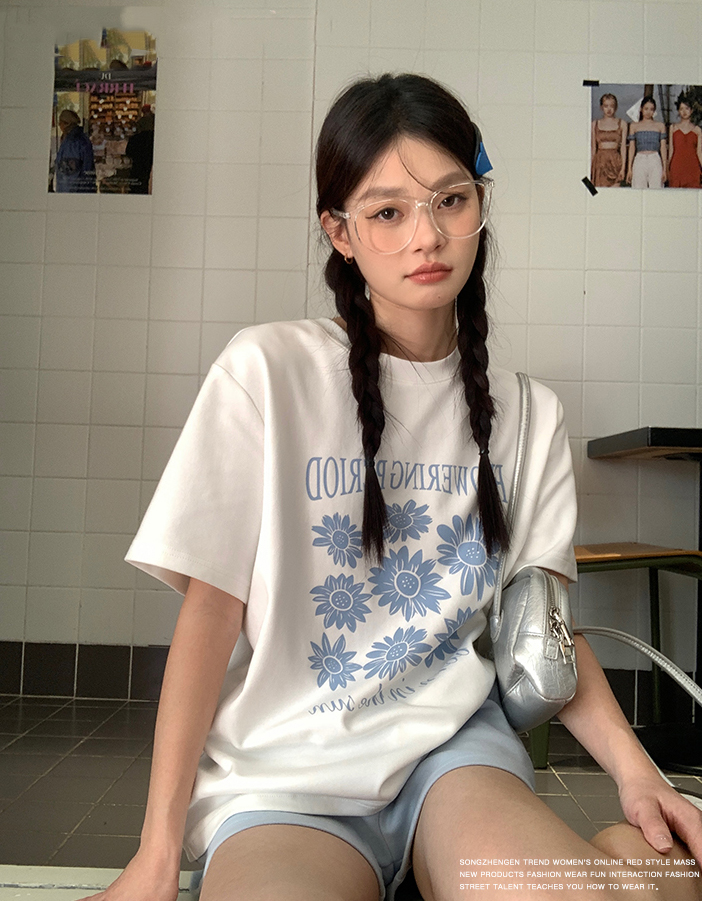 200g combed and tight-fitting sprinkler, pure cotton backpack, spring and summer loose shoulder printed short-sleeved T-shirt
