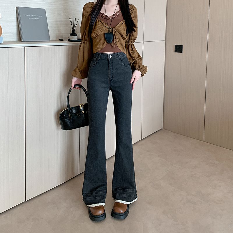 Real shot~ Lace spliced ​​high-waisted slightly flared jeans for women in 2025 new black narrow version slimming pants