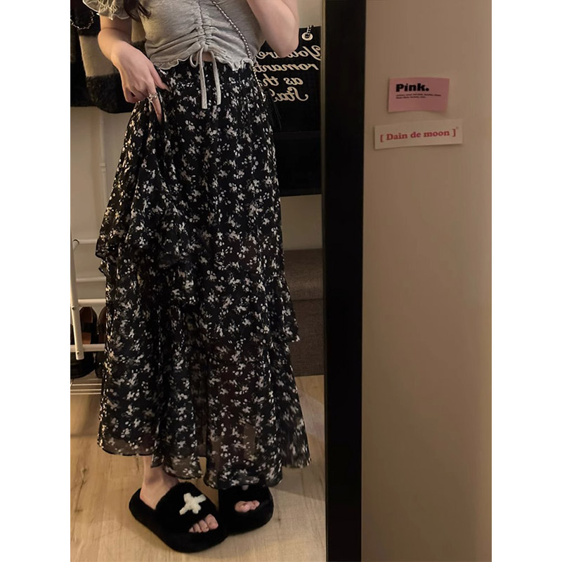 Irregular slit ruffled chiffon skirt women's 2025 summer new mid-length floral skirt
