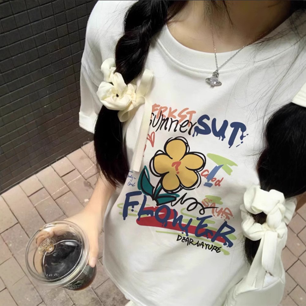 200g combed and tight-fitting sprinkler, pure cotton backpack, spring and summer loose shoulder printed short-sleeved T-shirt