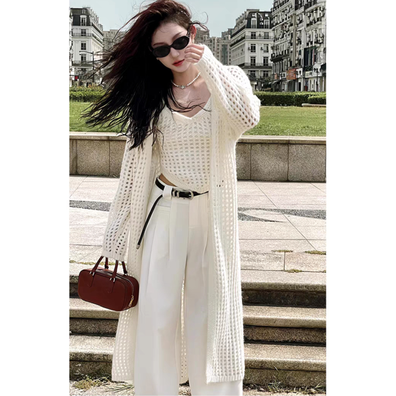 Korean version of high-end knitted cardigan vest two-piece set for women's hollow mid-length top thin jacket