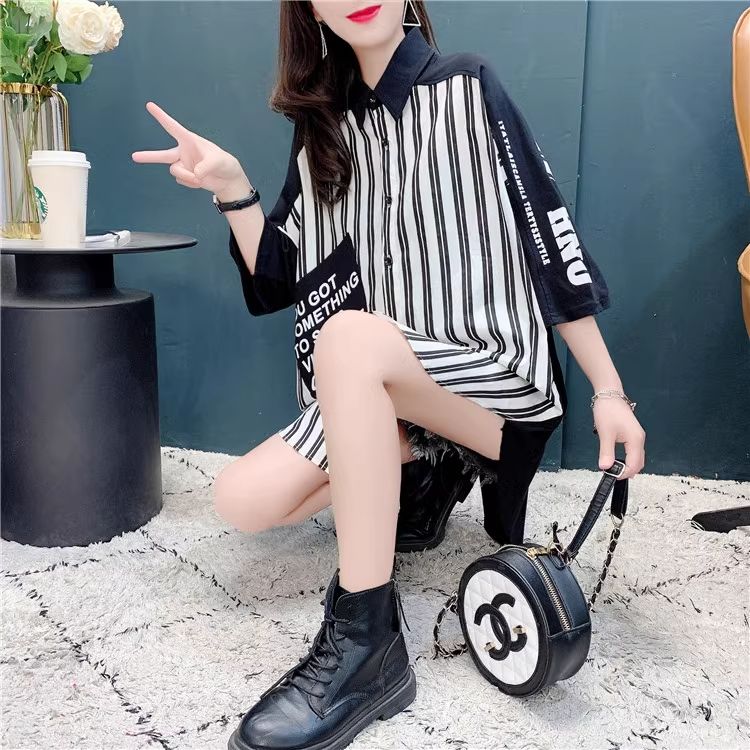 2025新款夏季大碼中長款條紋襯衫短袖t恤女