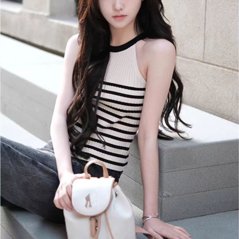 Neck striped ice silk knitted suspender vest for women in summer, outer cover, side breasts, inner sleeveless short top
