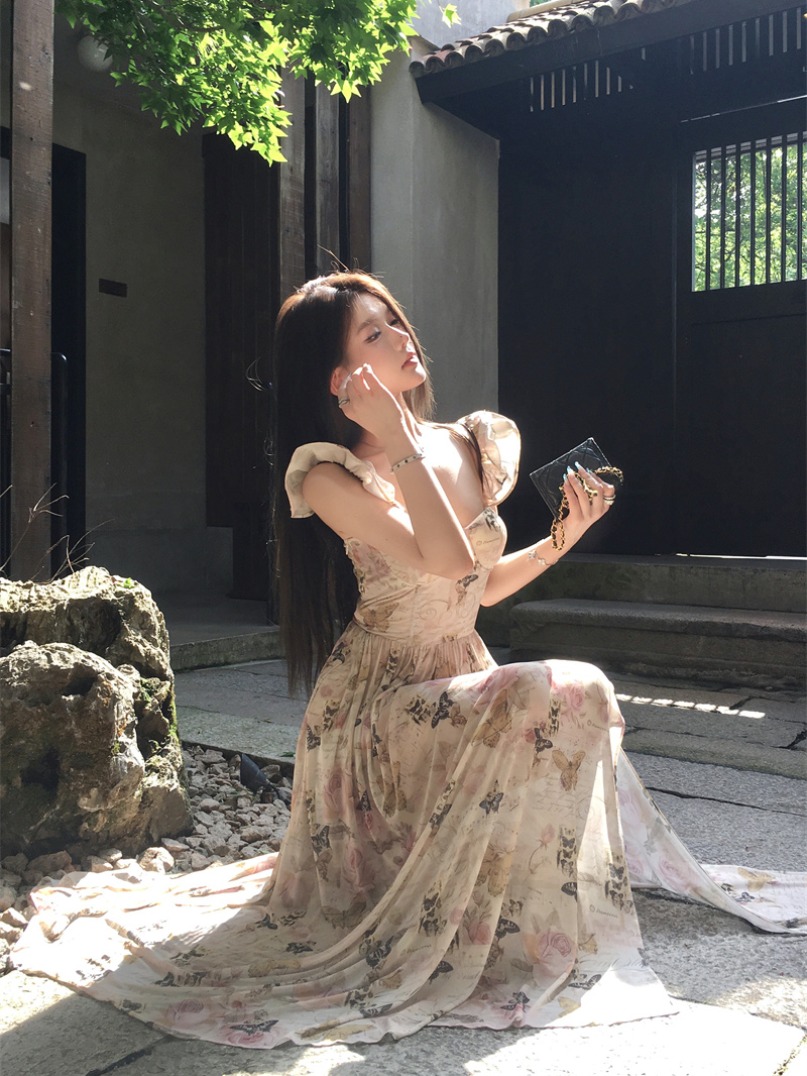實拍 法式小飛袖方領氣質修身顯瘦印花連衣裙