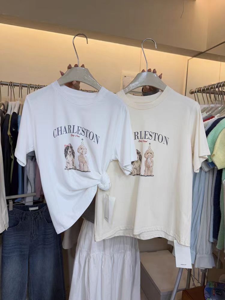 200g combed and tight spun in 2025, pure cotton back bag strip, spring and summer loose shoulder printed short-sleeved T-shirt