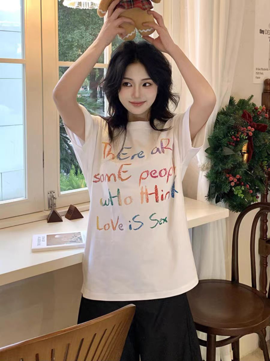 200g combed and tight-fitting sprinkler, pure cotton backpack, spring and summer loose shoulder printed short-sleeved T-shirt