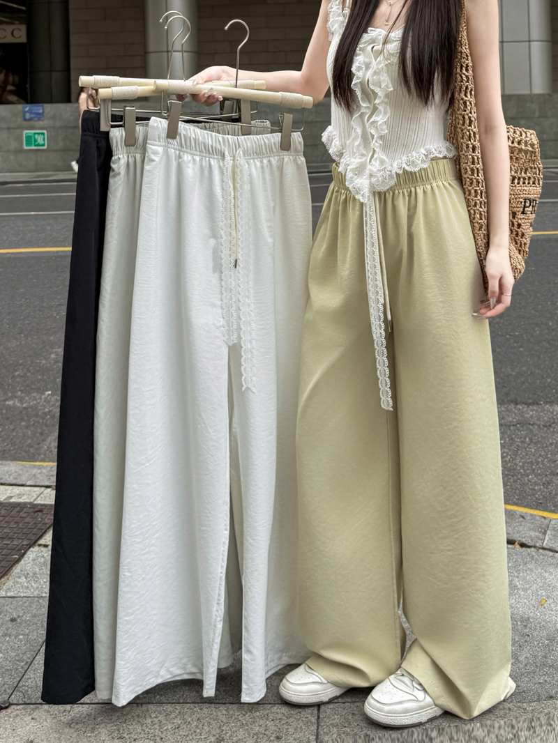 Real photo Lace drawstring wide-leg pants for women draped loose high waist pants 2025 casual pants floor trousers