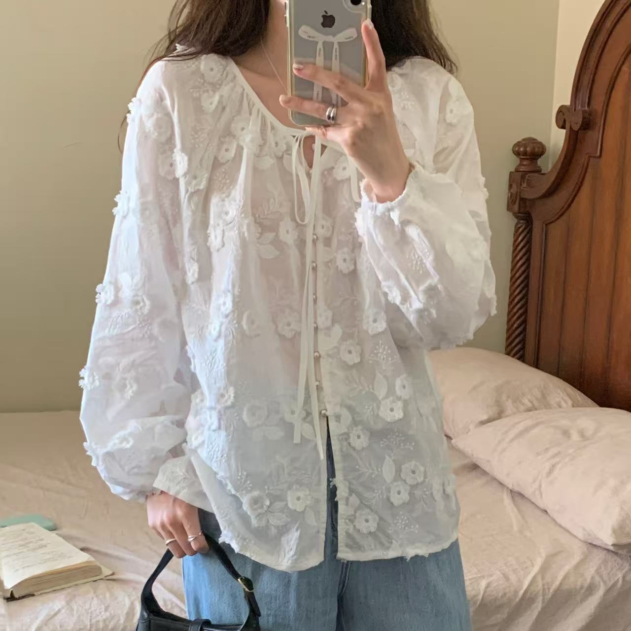 Spring women's clothing new style hair chic age-reducing puff sleeve shirt loose round neck tie bow embroidered shirt