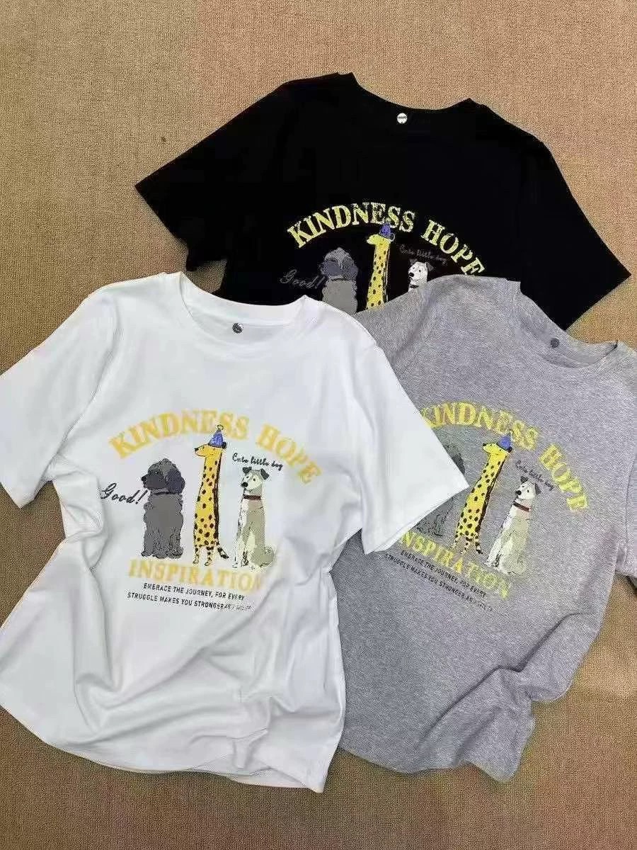 200g combed and tight spun in 2025, pure cotton back bag strip, spring and summer loose shoulder printed short-sleeved T-shirt
