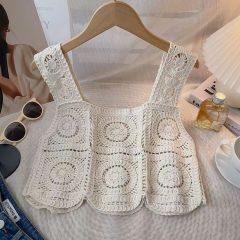 New summer retro hollow knitted vest simple and elegant slim short suspender ethnic top for women