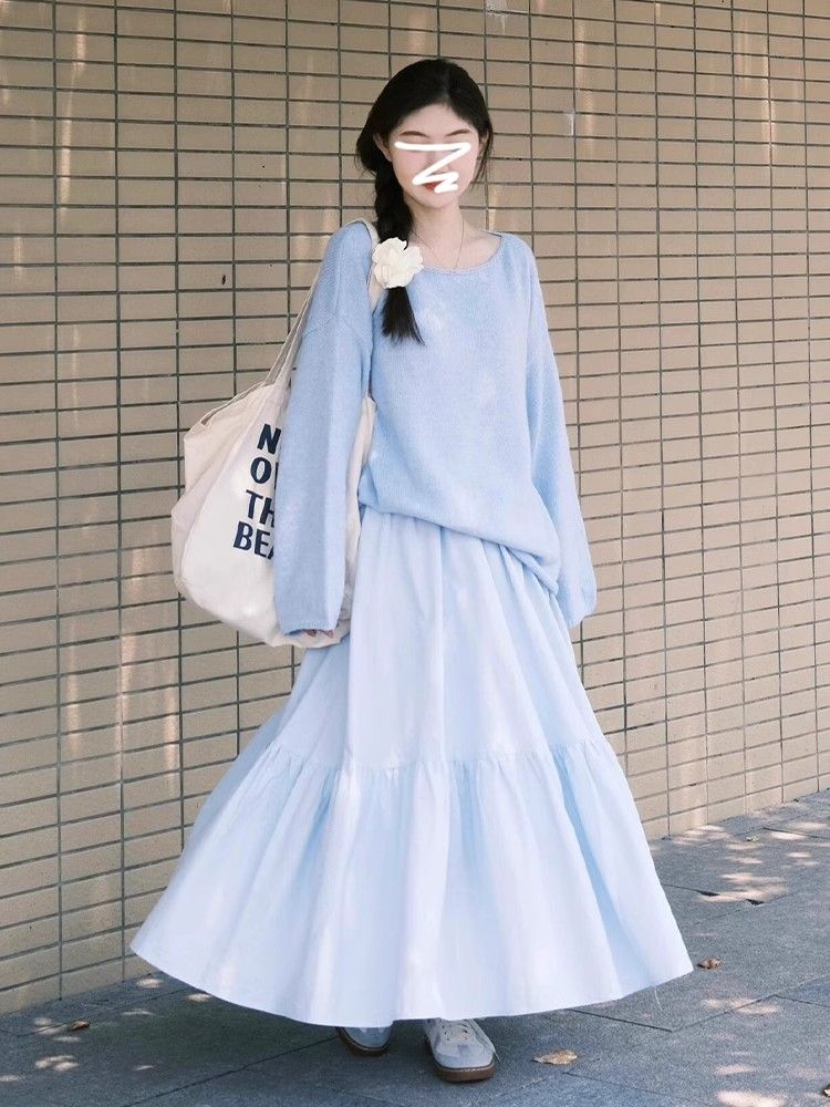 Korean-style early autumn wear French blue skirt for women, spring 2025 new arrival petite figure temperament long dress