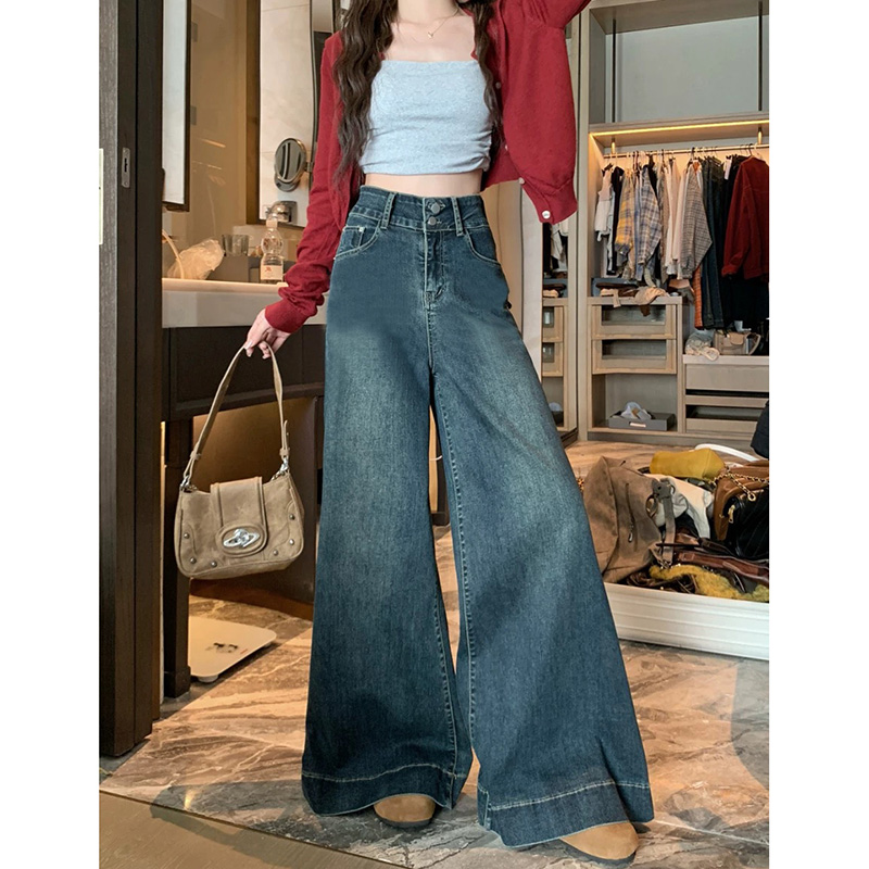 Trendy high waist double button straight jeans for women in spring and autumn new design feel loose wide-leg floor jeans trendy