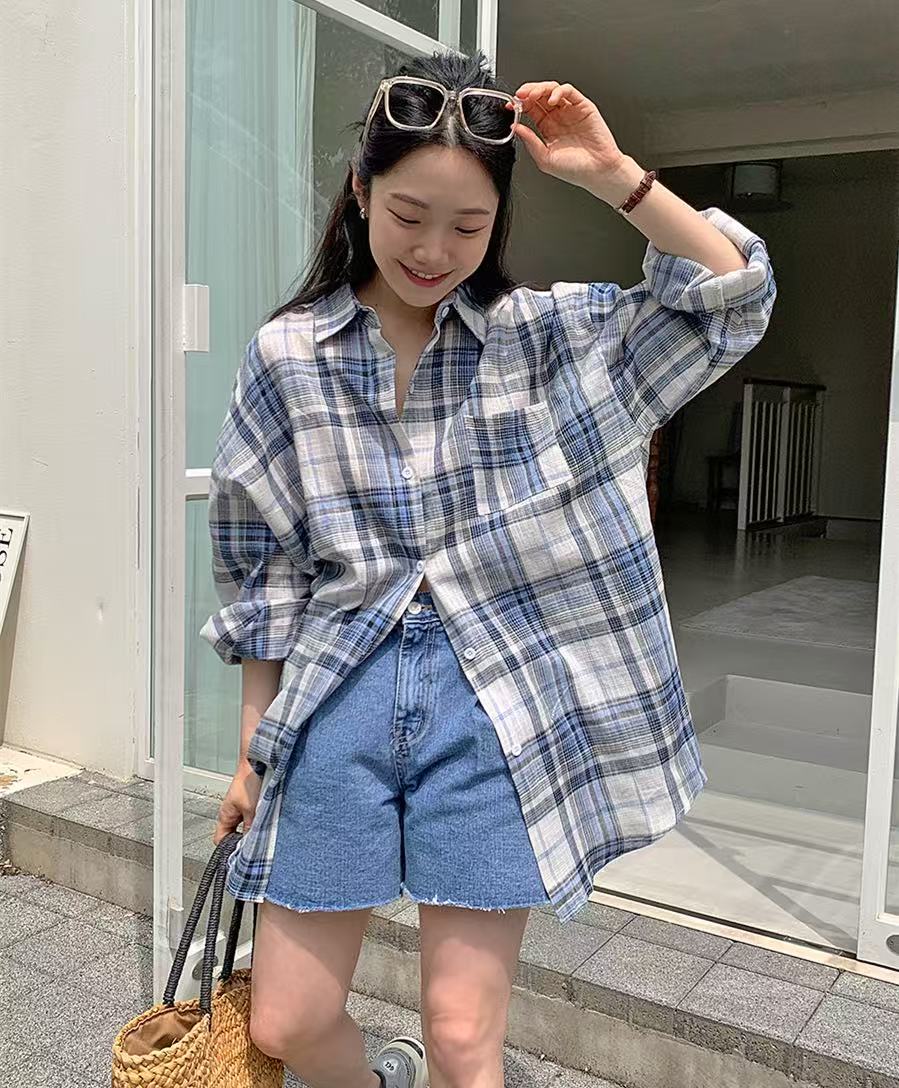 Korean blue plaid shirt for women 2025 new design niche shirt loose temperament jacket top