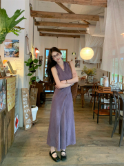 Design Qianwan Purple V-Neck Strapless Backless Dress with Waist Cinching Belt for Women