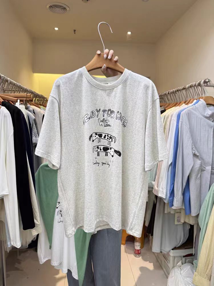 200g combed and tight-fitting sprinkler, pure cotton backpack, spring and summer loose shoulder printed short-sleeved T-shirt
