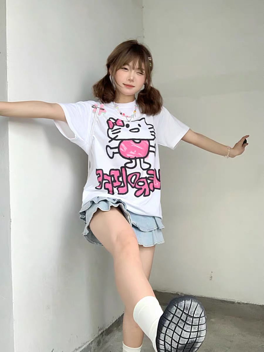 200g combed and tight-fitting sprinkler, pure cotton backpack, spring and summer loose shoulder printed short-sleeved T-shirt