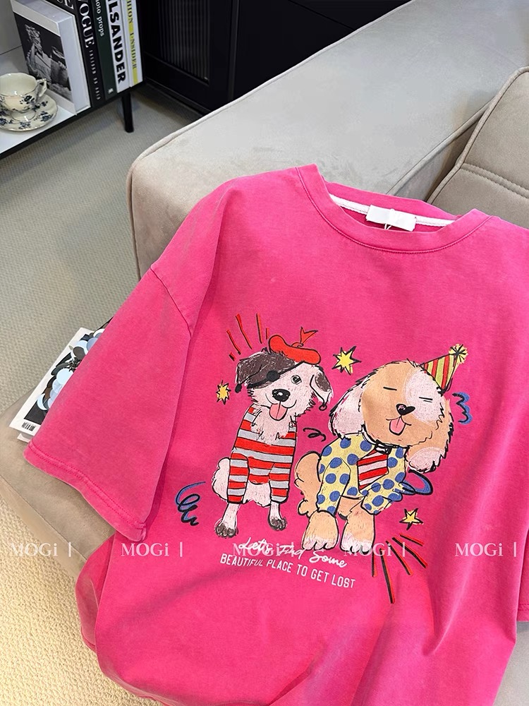 230g pure cotton collar, spring and summer American retro loose large size top printed washing and old short-sleeved T-shirt