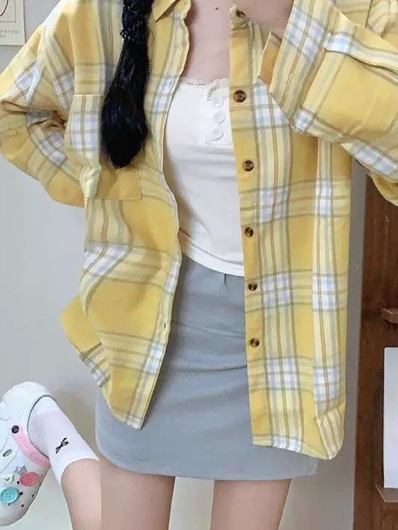 Original quality new yellow plaid spring and summer shirt for women with layered base top loose slimming shirt