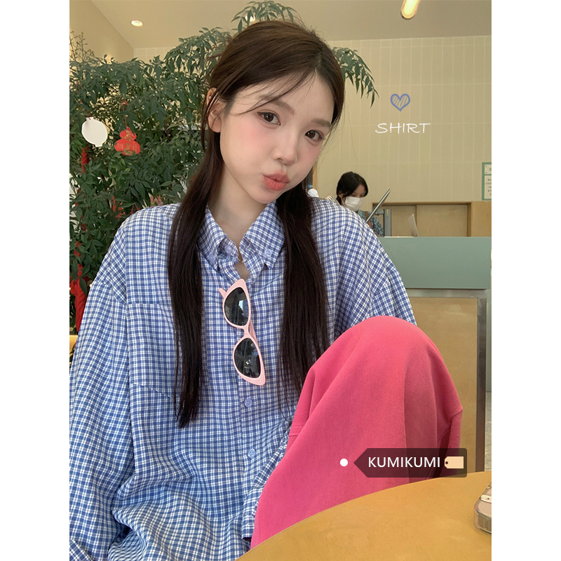 Blue retro plaid lapel shirt top for women in spring loose slim casual lazy style shirt jacket