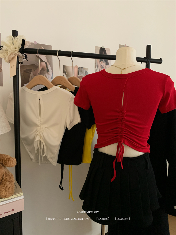 Real-life 25-year new pure backless drawstring with chest pad short-sleeved T-shirt design-sensing shoulder top