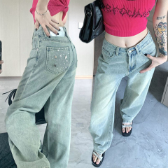 Spring, summer and autumn straight jeans for women with dense diamonds niche design light color high waist Korean version slimming wide-leg trousers trendy