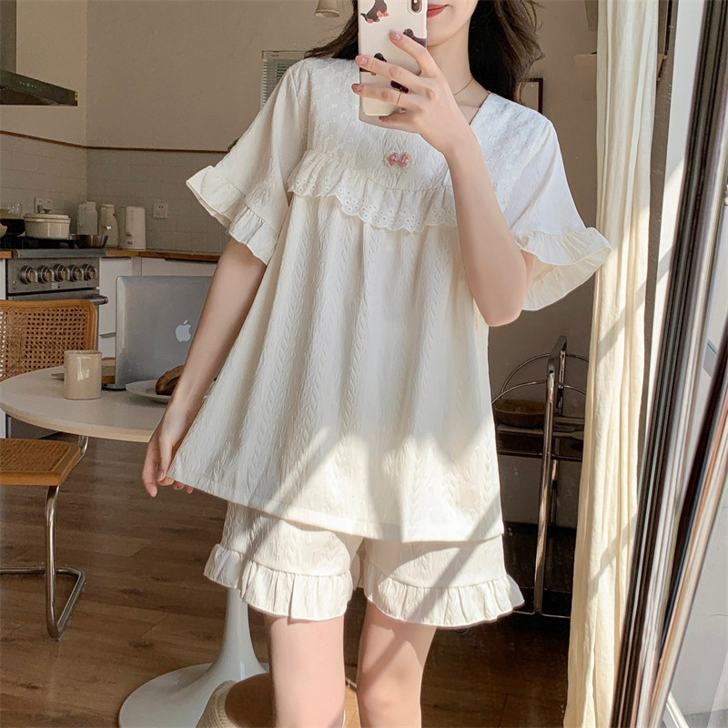 Real shot of 25 years new princess style sweet and chest pad short sleeve shorts pajamas women's home clothes set