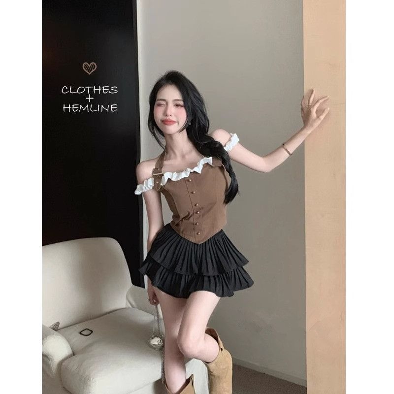 一字肩掛脖吊帶上衣女設計感小眾夏季純欲甜辣妹性感短款工裝襯衫