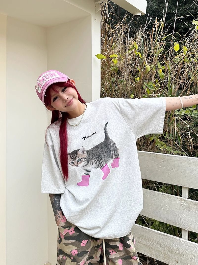 200g combed and tight spun in 2025, pure cotton back bag strip, spring and summer loose shoulder printed short-sleeved T-shirt
