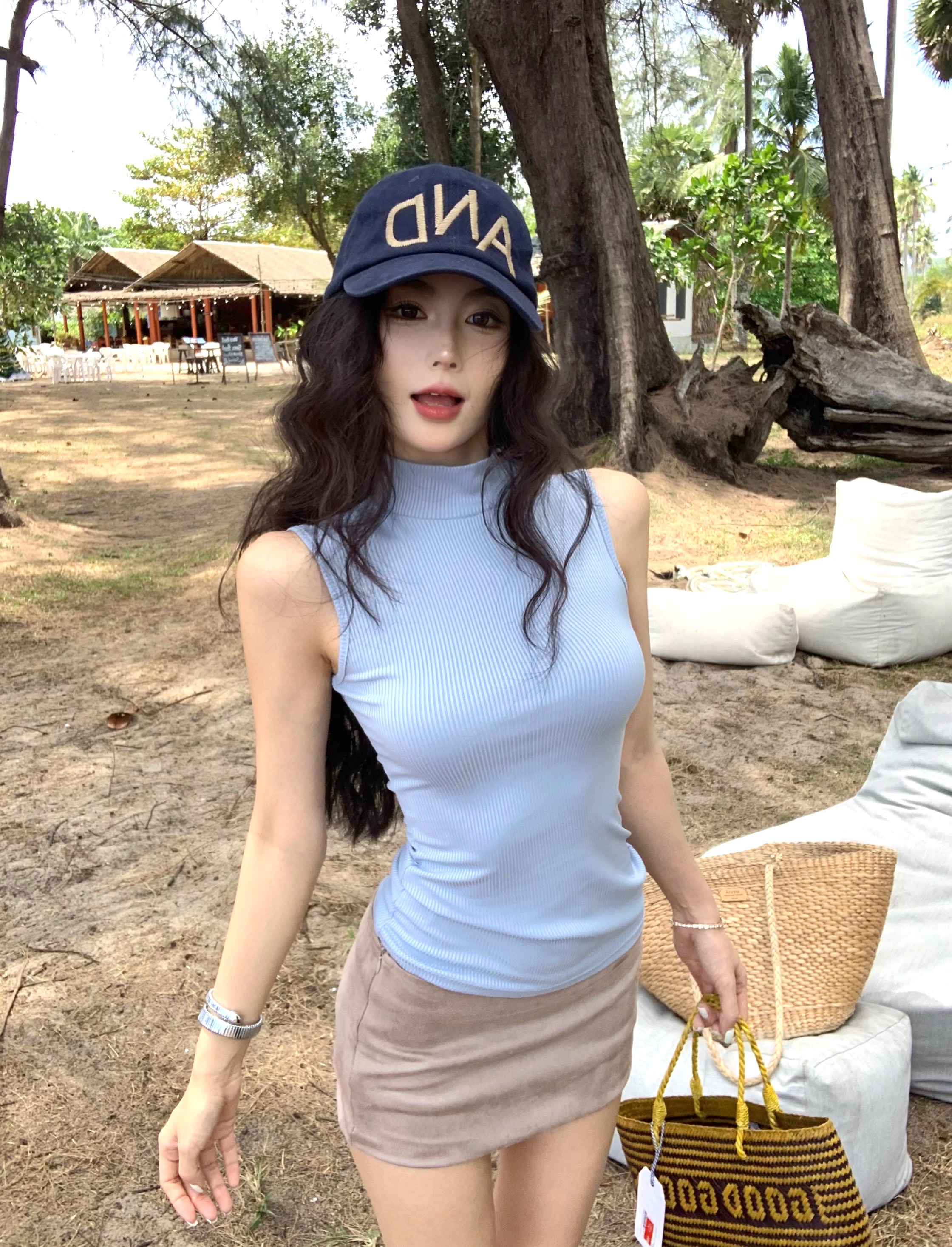實拍 純欲辣妹修身顯瘦無袖背心t恤上衣絨面短裙包臀半身裙