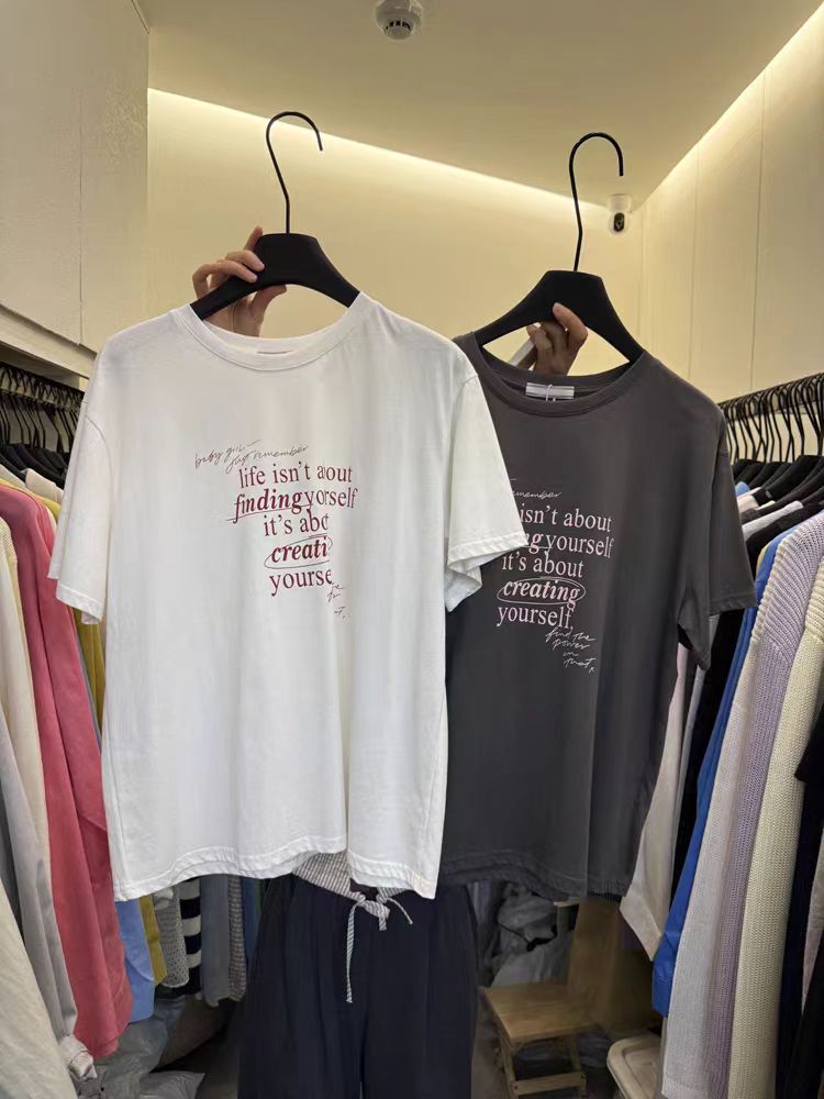 200g combed and tight spun in 2025, pure cotton back bag strip, spring and summer loose shoulder printed short-sleeved T-shirt