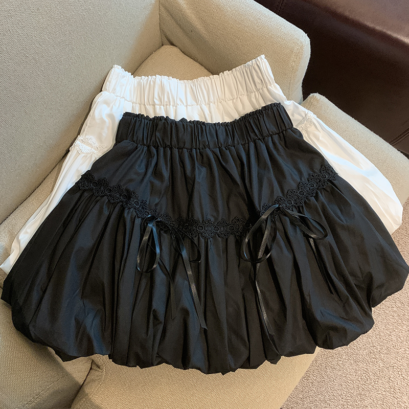 Real shot of sweet elastic high waist skirt with bow lace decoration flower buds for women