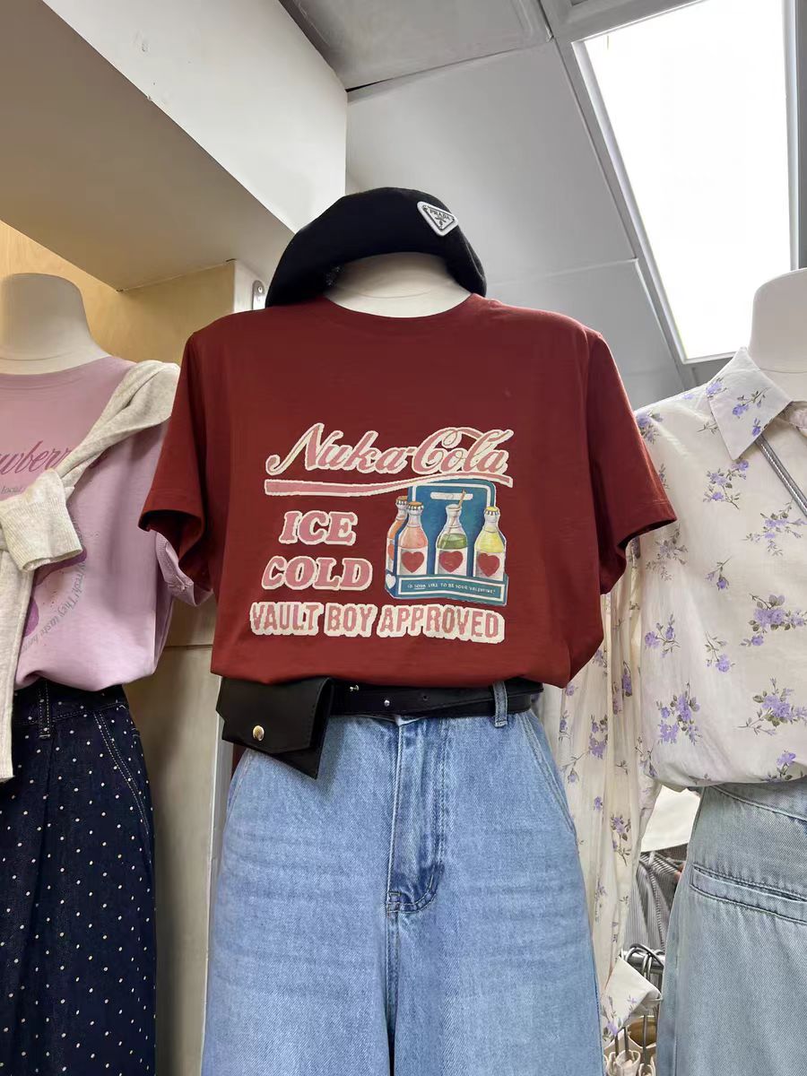200g combed and tight-fitting sprinkler, pure cotton backpack, spring and summer loose shoulder printed short-sleeved T-shirt