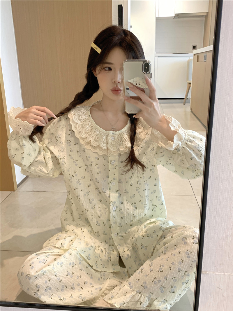 實拍韓版甜美小清新寬鬆透氣棉麻春秋長袖外穿長袖家居服套裝
