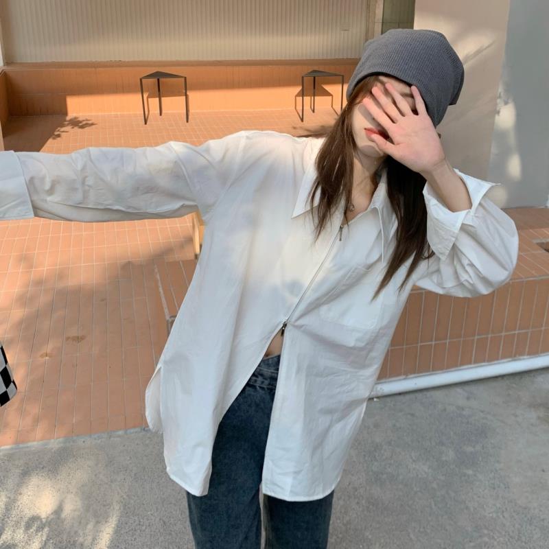 French zipper white long-sleeved shirt for women in autumn new design niche loose slimming shirt top