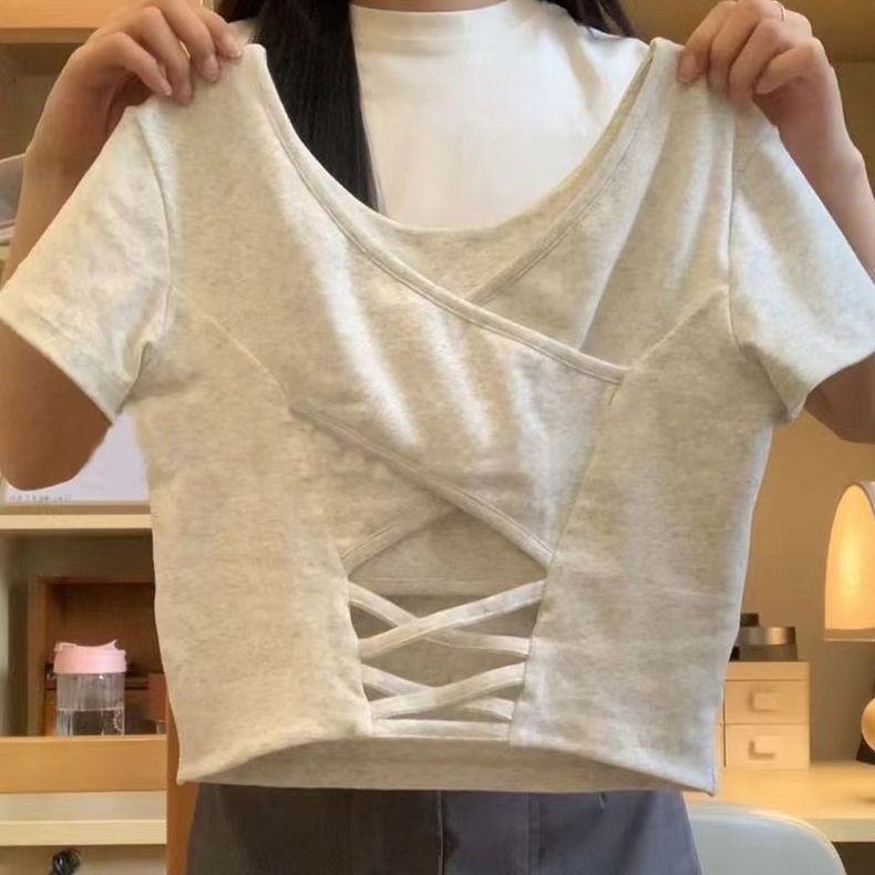 純棉羅紋短袖t恤女夏季短款顯瘦露背帶胸墊設計感百搭上衣潮
