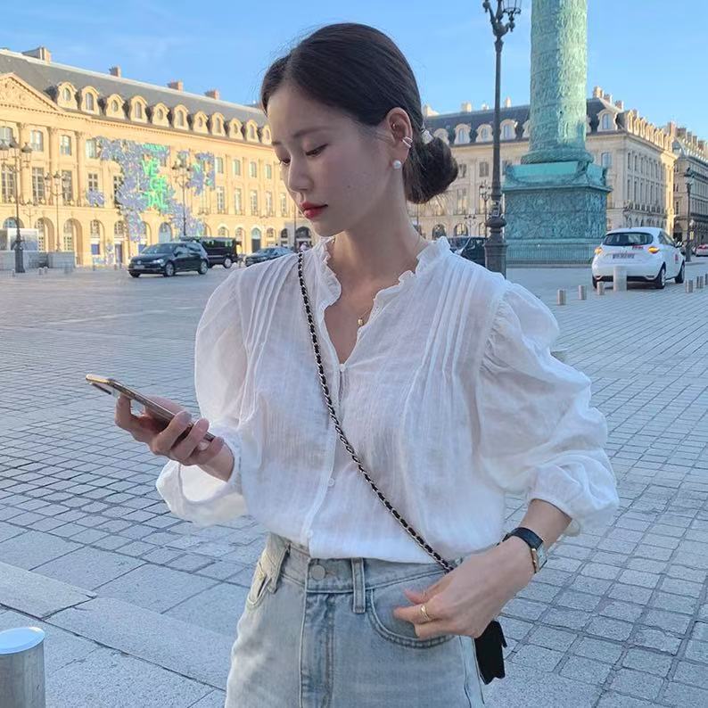 Sweet girl French doll shirt with fresh ears for women's spring and summer new Korean style palace style shirt